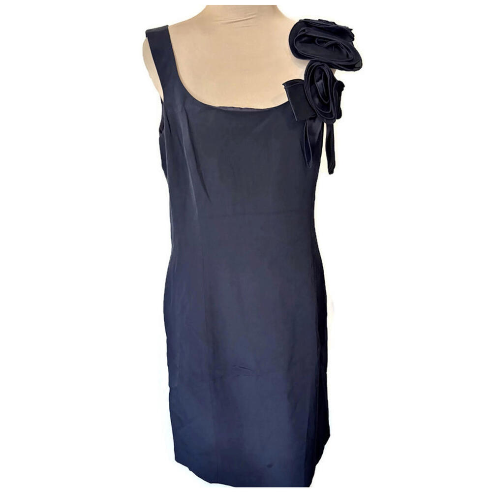 Teri Jon Navy Silk Cocktail Dress Rosette Cluster Sleeveless